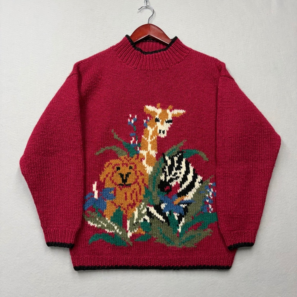 Charter Club Sweater Womens L Red Vintage 90s Hand Knit Wool Safari Lion Giraffe